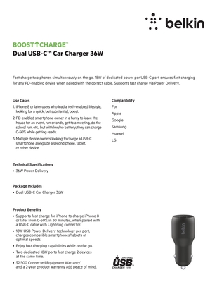 Pb ccb002btbk boostcharge dualusbccarcharger36w 37203