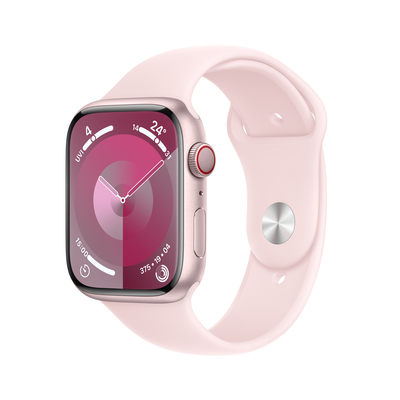 Apple watch series 9 lte 45mm pink aluminium light pink sport band pdp image position 1  anz