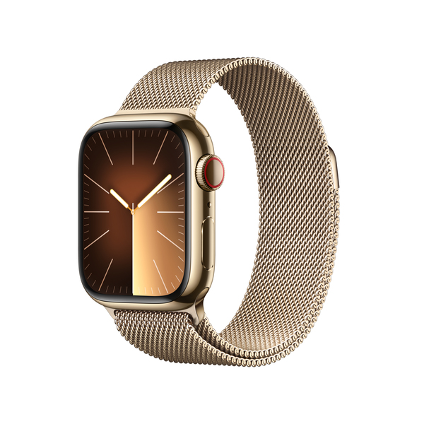 Apple watch series 9 lte 41mm gold stainless steel gold milanese loop pdp image position 1  anz