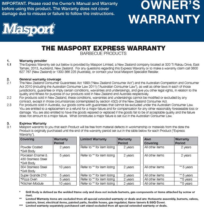 Masport warranty 1